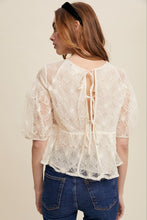 Ecru Floral Embroidered Sheer Peplum Blouse