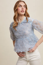 Misty Blue Floral Embroidered Sheer Peplum Blouse