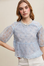 Misty Blue Floral Embroidered Sheer Peplum Blouse