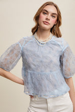 Misty Blue Floral Embroidered Sheer Peplum Blouse
