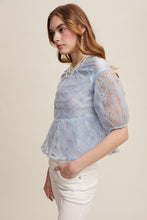 Misty Blue Floral Embroidered Sheer Peplum Blouse