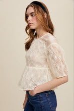 Ecru Floral Embroidered Sheer Peplum Blouse