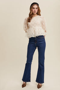 Ecru Floral Embroidered Sheer Peplum Blouse