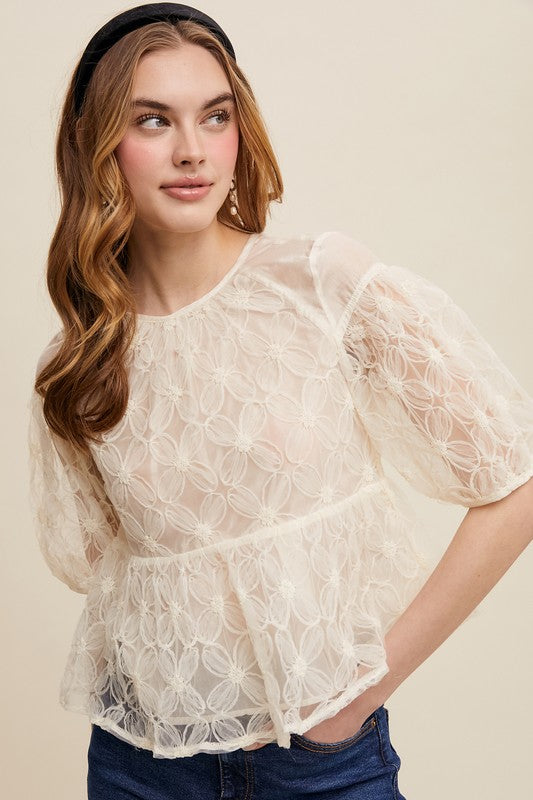 Ecru Floral Embroidered Sheer Peplum Blouse