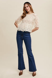 Ecru Floral Embroidered Sheer Peplum Blouse