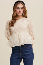Ecru Floral Embroidered Sheer Peplum Blouse