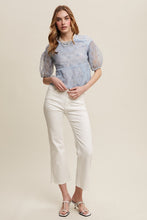 Misty Blue Floral Embroidered Sheer Peplum Blouse