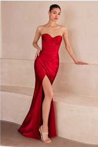 Burgundy Satin Evening Gown With Slits