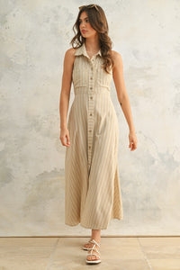 Tan Striped Button Down Shirt Dress
