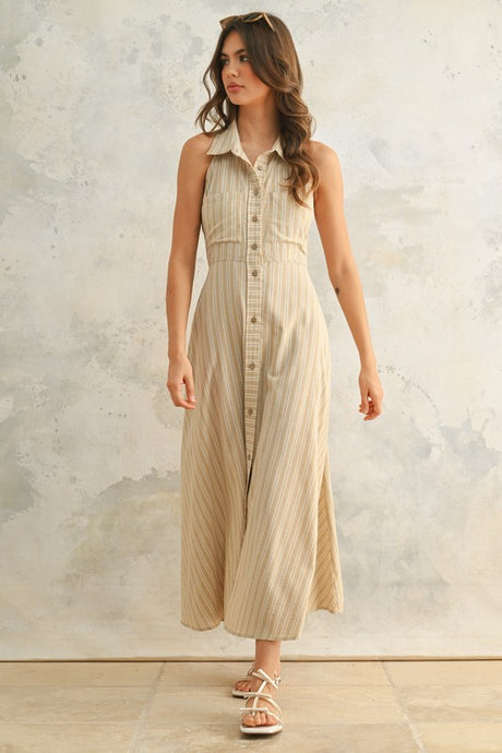Tan Striped Button Down Shirt Dress