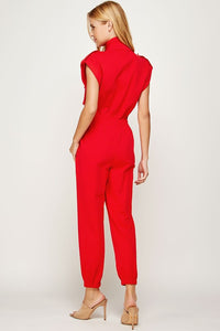 Red Mock Neck Sleeveless Jogger Jumpsuit