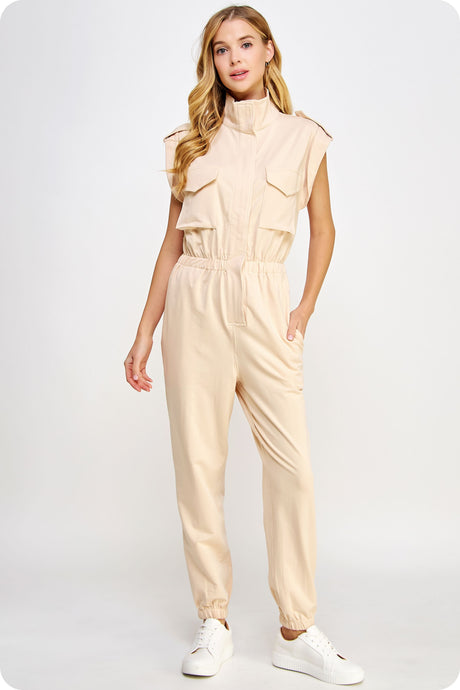Ecru Mock Neck Sleeveless Jogger Jumpsuit