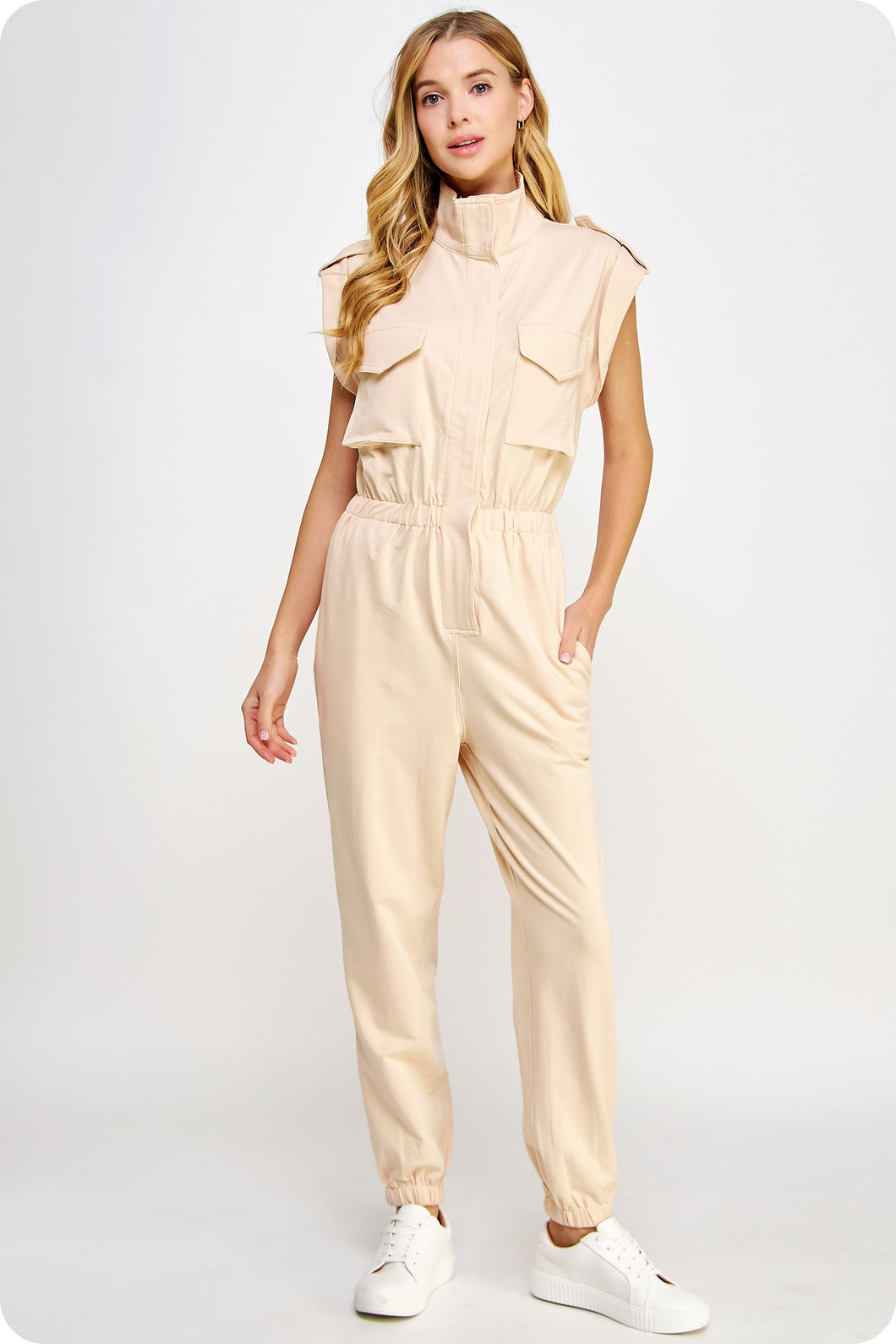 Ecru Mock Neck Sleeveless Jogger Jumpsuit