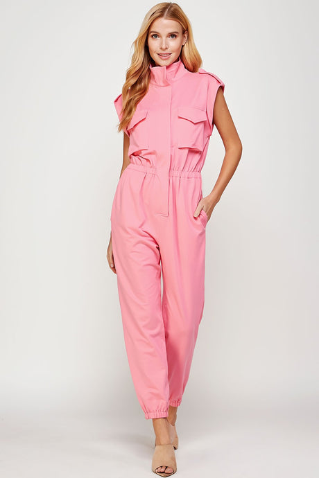 Bubblegum Pink Mock Neck Sleeveless Jogger Jumpsuit