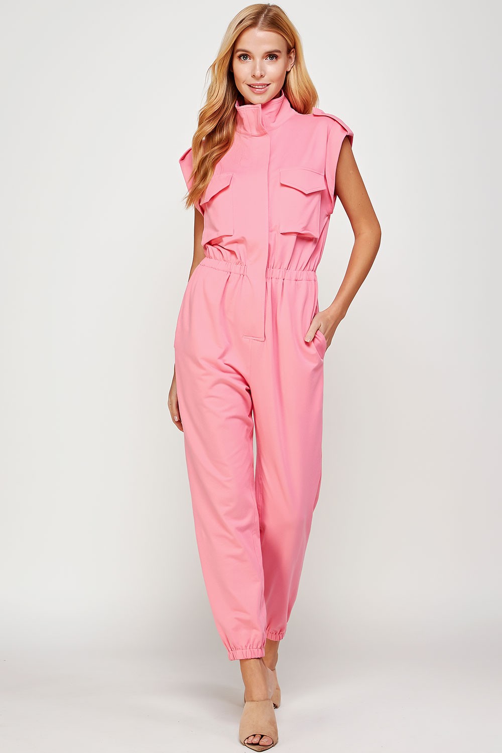 Bubblegum Pink Mock Neck Sleeveless Jogger Jumpsuit