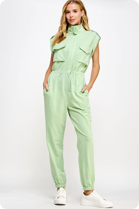 Foam Green Mock Neck Sleeveless Jogger Jumpsuit