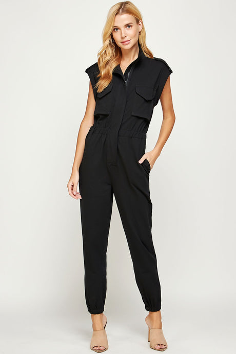 Black Mock Neck Sleeveless Jogger Jumpsuit