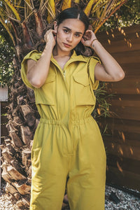 Chartreuse Mock Neck Sleeveless Jogger Jumpsuit