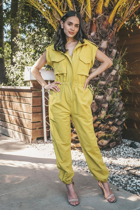 Chartreuse Mock Neck Sleeveless Jogger Jumpsuit