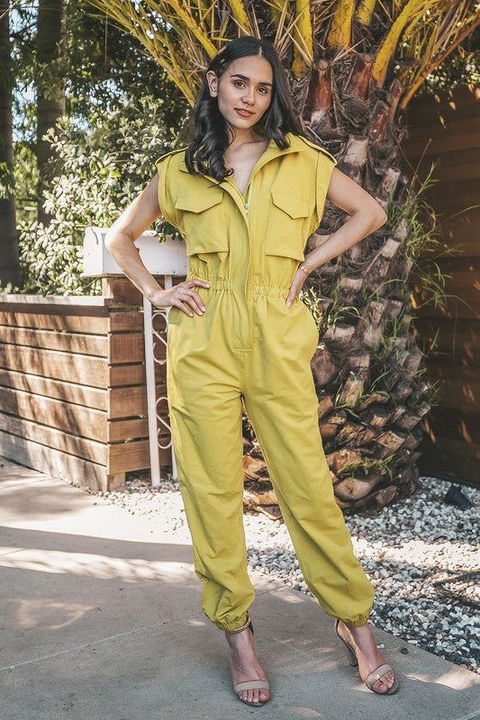 Chartreuse Mock Neck Sleeveless Jogger Jumpsuit