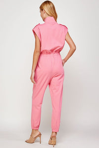 Bubblegum Pink Mock Neck Sleeveless Jogger Jumpsuit