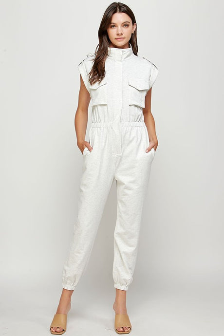 White Heather Mock Neck Sleeveless Jogger Jumpsuit