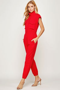 Red Mock Neck Sleeveless Jogger Jumpsuit