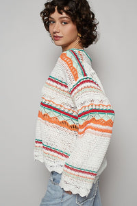 Ivory Multi Round Neck Long Sleeve Striped Solid Sweater Top