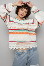 Ivory Multi Round Neck Long Sleeve Striped Solid Sweater Top