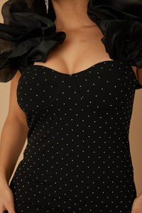 Black Big Ruffle Off Shoulder With Micro Stud