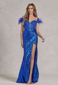 Royal Blue One-Shoulder Sequin Slit Long Evening Dress