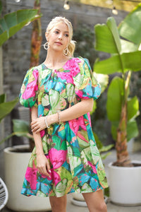 Green Mix Tropical Print A-Line Mini Dress