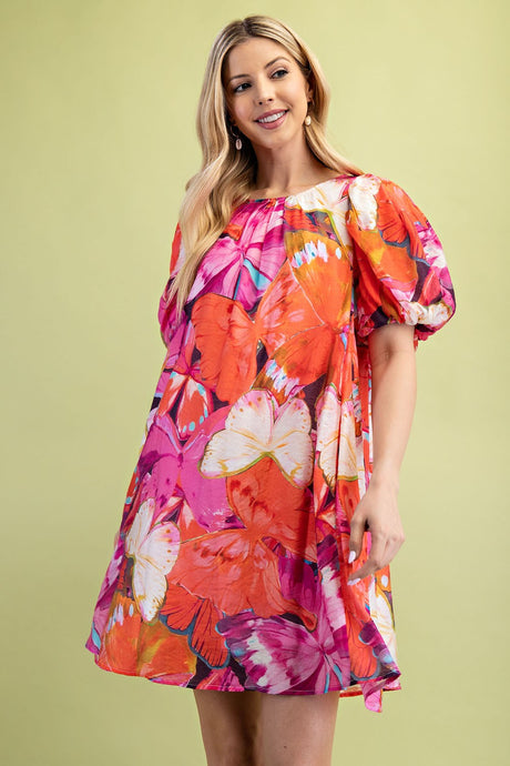 Fuchsia Mix Tropical Print A-Line Mini Dress