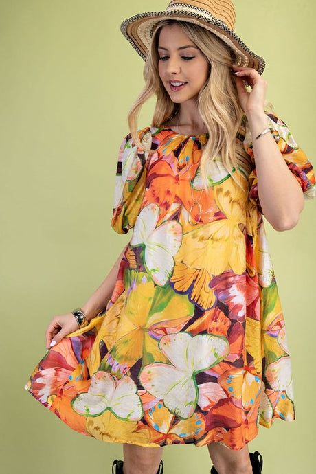 Yellow Mix Tropical Print A-Line Mini Dress