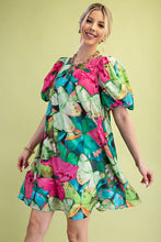 Green Mix Tropical Print A-Line Mini Dress