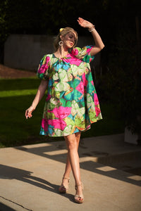 Green Mix Tropical Print A-Line Mini Dress