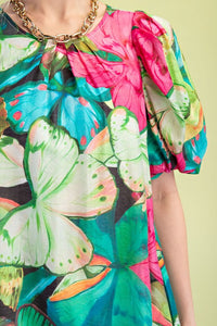 Green Mix Tropical Print A-Line Mini Dress