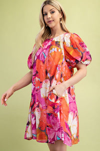 Fuchsia Mix Tropical Print A-Line Mini Dress