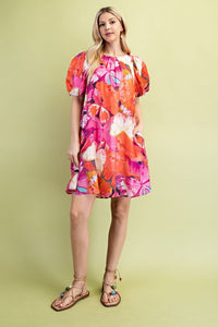 Fuchsia Mix Tropical Print A-Line Mini Dress