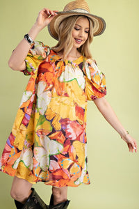 Yellow Mix Tropical Print A-Line Mini Dress