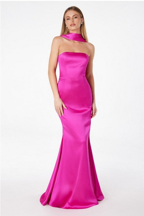 Hot Pink One-Shoulder Satin Long Evening Gown