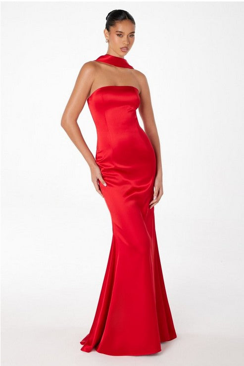 Red One-Shoulder Satin Long Evening Gown
