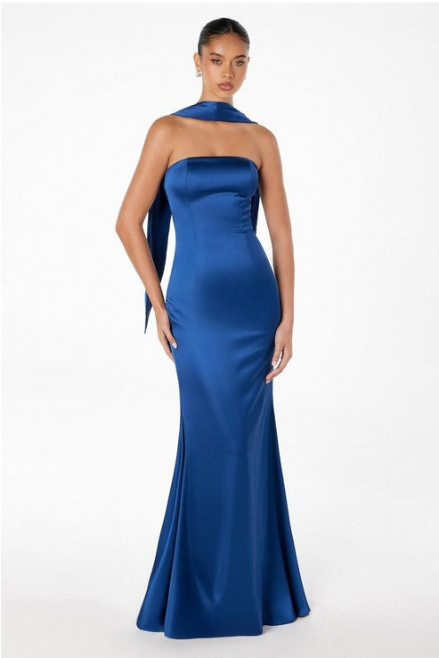 Navy One-Shoulder Satin Long Evening Gown