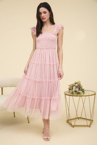 Pink Polka Dot Chiffon Smocked Tiered Midi Dress