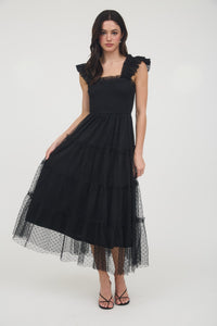 Black Polka Dot Chiffon Smocked Tiered Midi Dress