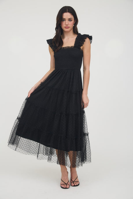 Black Polka Dot Chiffon Smocked Tiered Midi Dress