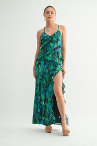 Green Tropical Ruffle Maxi Dress