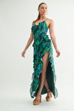 Green Tropical Ruffle Maxi Dress