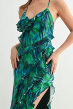 Green Tropical Ruffle Maxi Dress