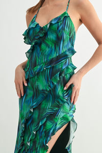 Green Tropical Ruffle Maxi Dress